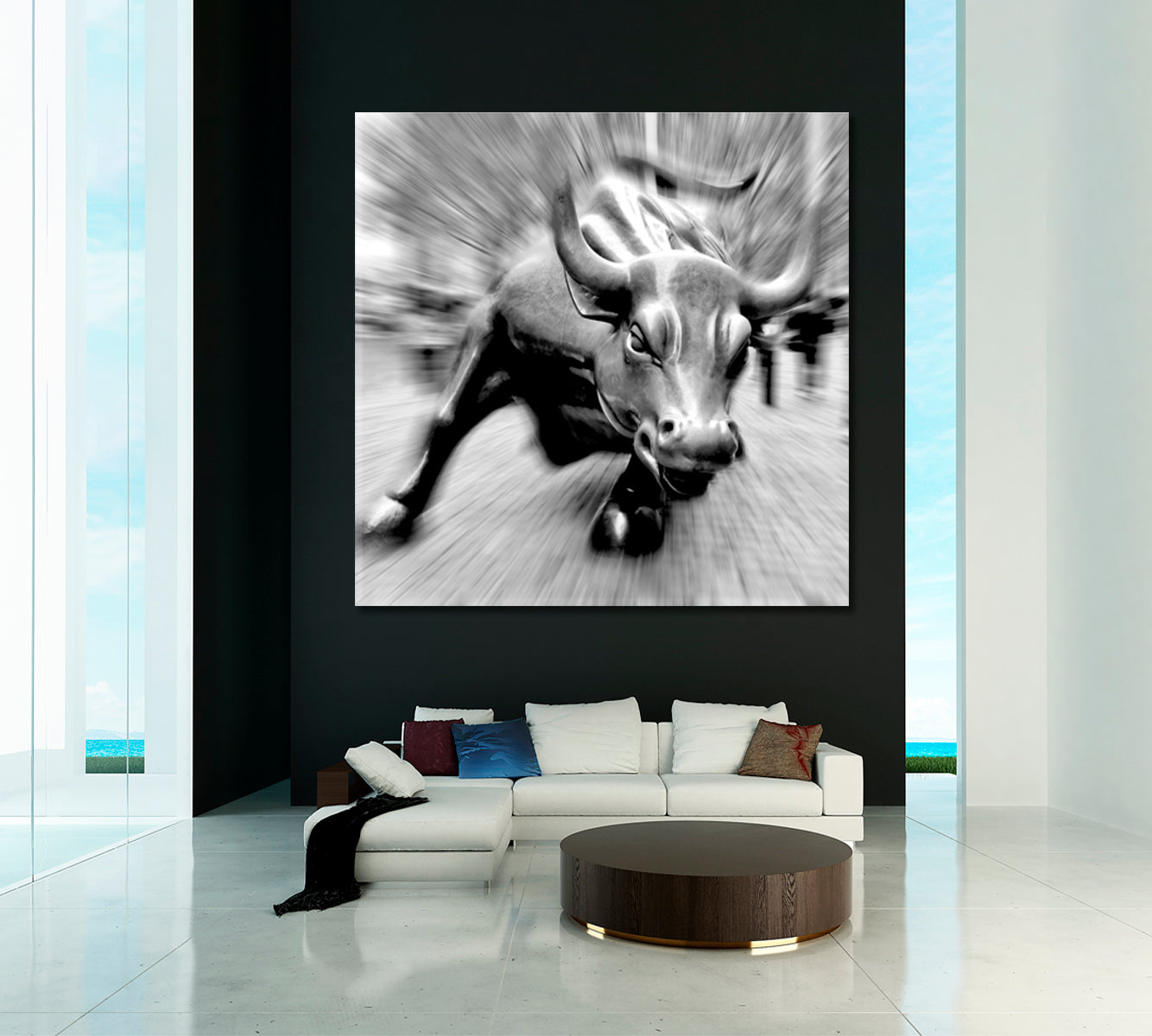 Charging Bull Black And White - Square Panel Black and White Wall Art Print Artesty   