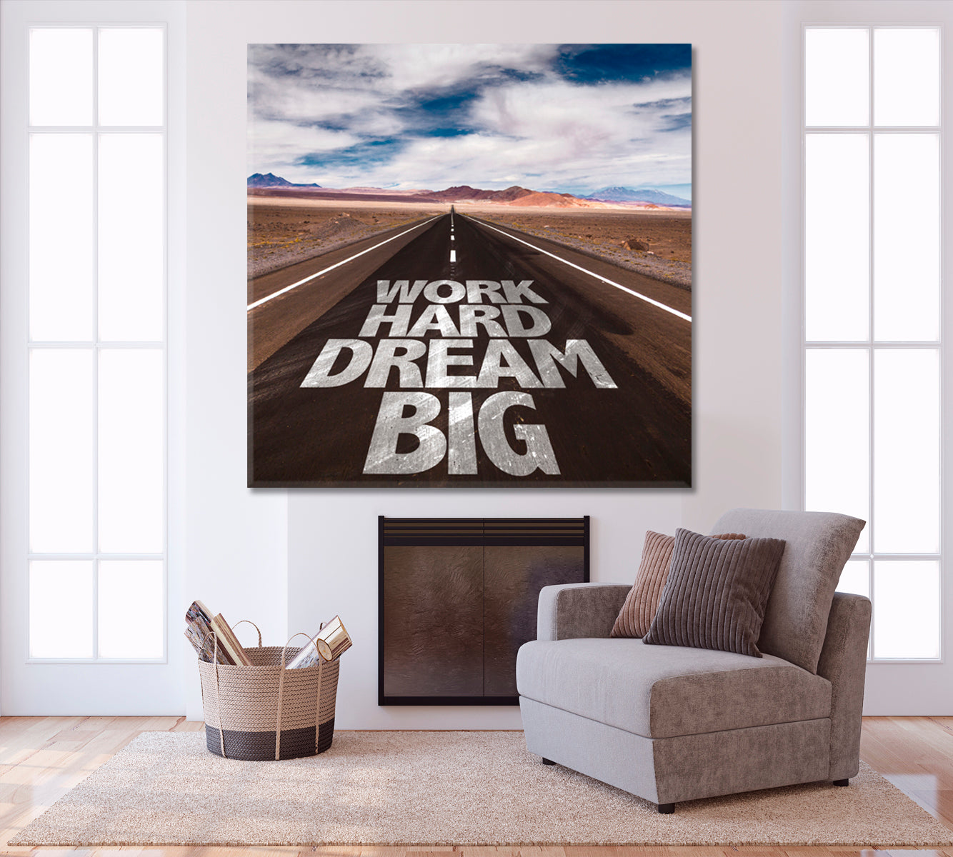 WORK HARD DREAM BIG Desert Road Motivation Poster - Square Panel Business Concept Wall Art Artesty 1 Panel 12"x12" 