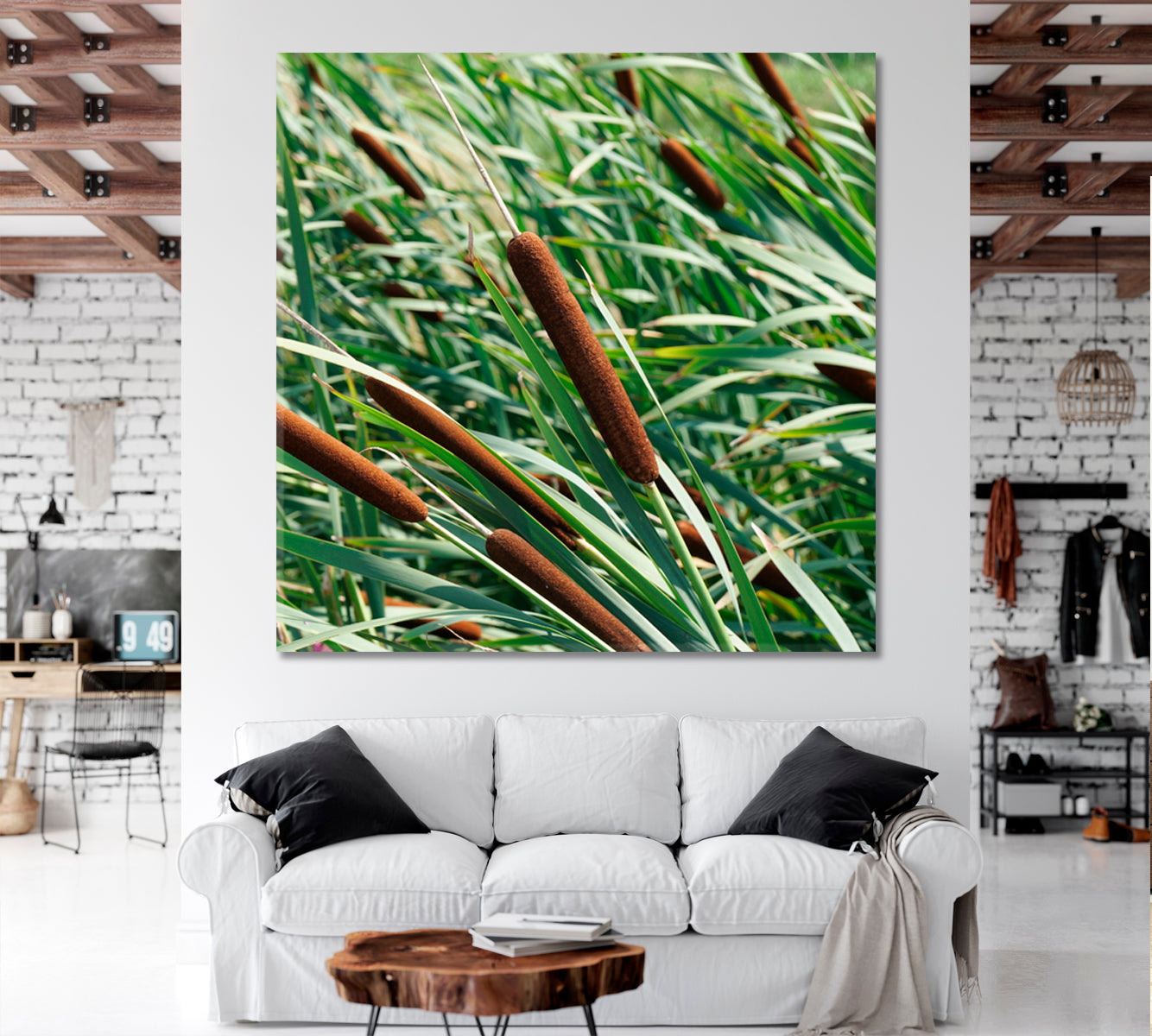 Colorful Green Reeds with Cattail - Square Panel Floral & Botanical Split Art Artesty 1 Panel 12"x12" 
