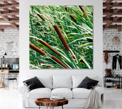 Colorful Green Reeds with Cattail - Square Panel Floral & Botanical Split Art Artesty 1 Panel 12"x12" 