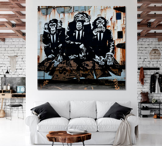 THREE WISE MONKEYS Street Art Banksy Style Life Graffiti Canvas Print - Square Panel Street Art Canvas Print Artesty 1 Panel 12"x12" 