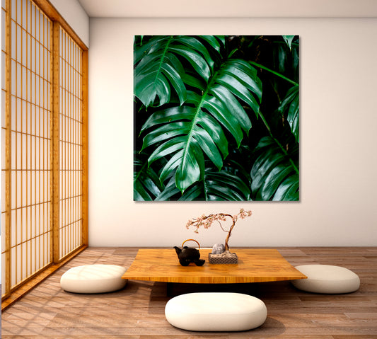 TROPICAL GREEN HOME Tropical Deep Forest Leaves Jungle Green Plant Wet in Rainforest - Square Panel Floral & Botanical Split Art Artesty   