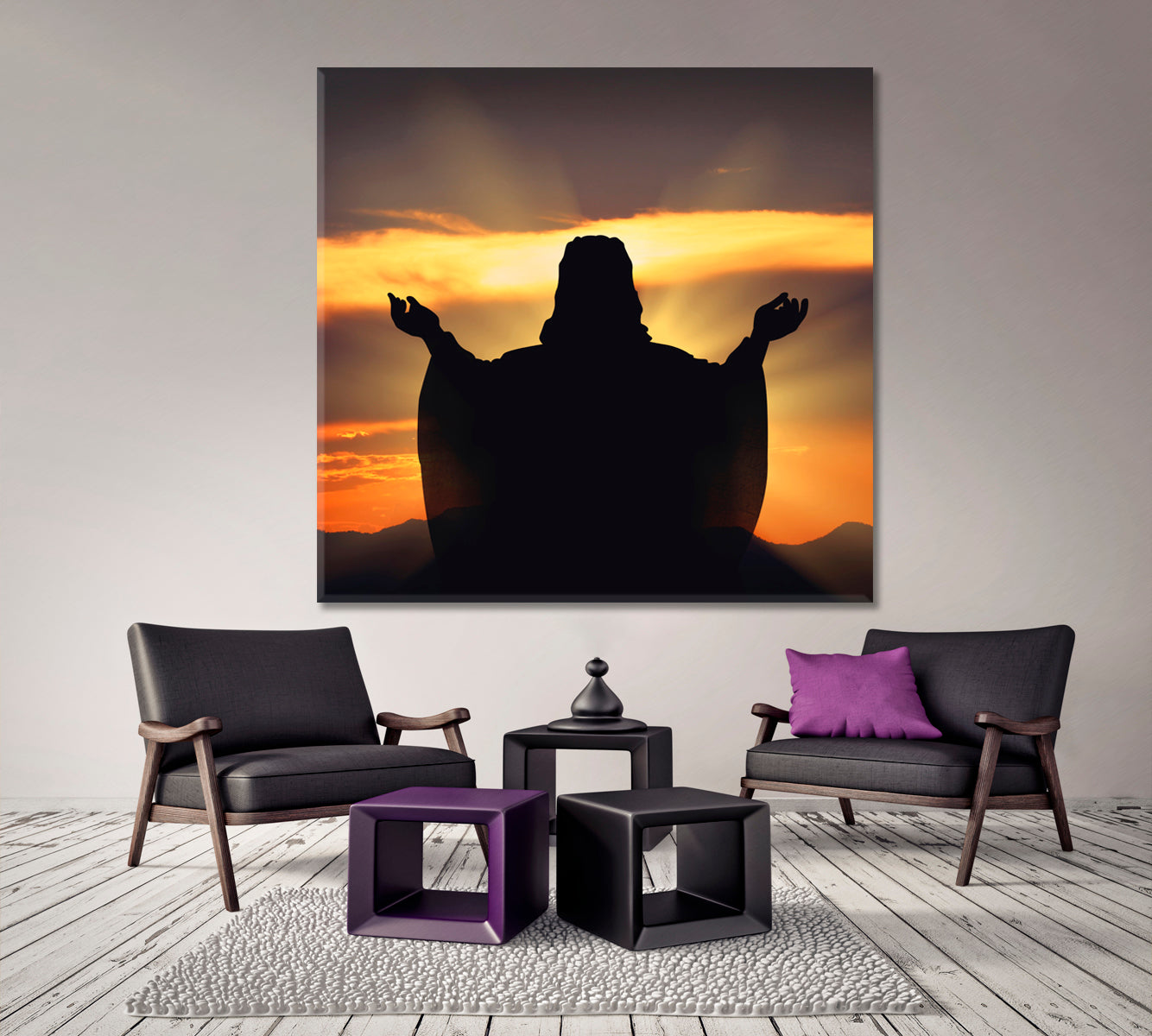 BELIEVE HOPE LOVE Silhouette Jesus Sunset - Square Panel Religious Modern Art Artesty   