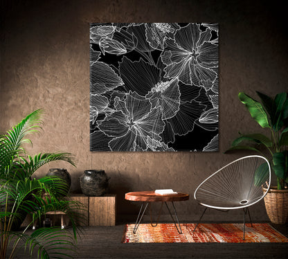 Elegant Black And White Pattern Hibiscus Flowers Square Panel Black and White Wall Art Print Artesty 1 Panel 12"x12" 