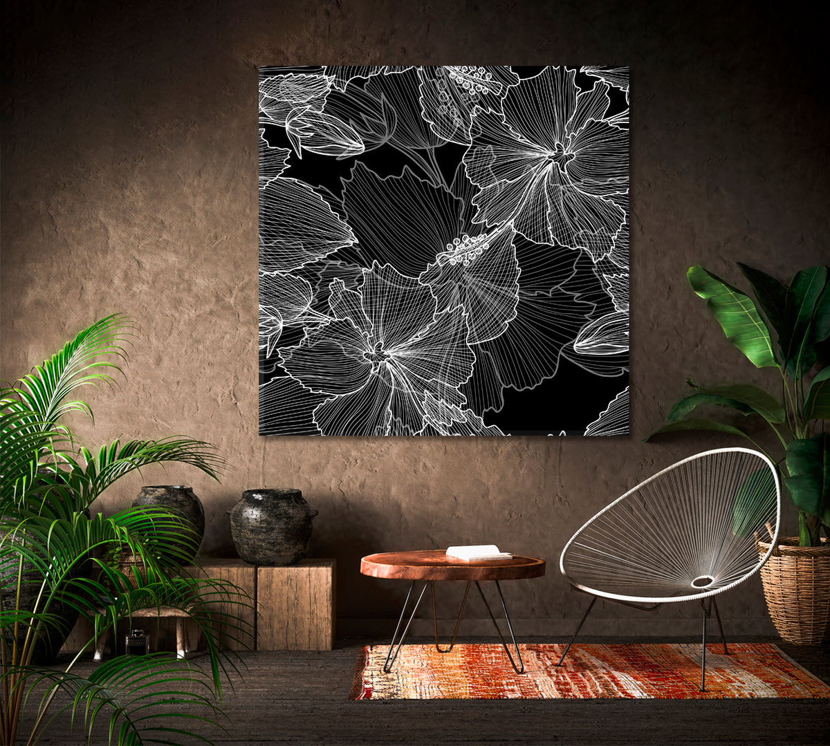 Elegant Black And White Pattern Hibiscus Flowers Square Panel Black and White Wall Art Print Artesty 1 Panel 12"x12" 