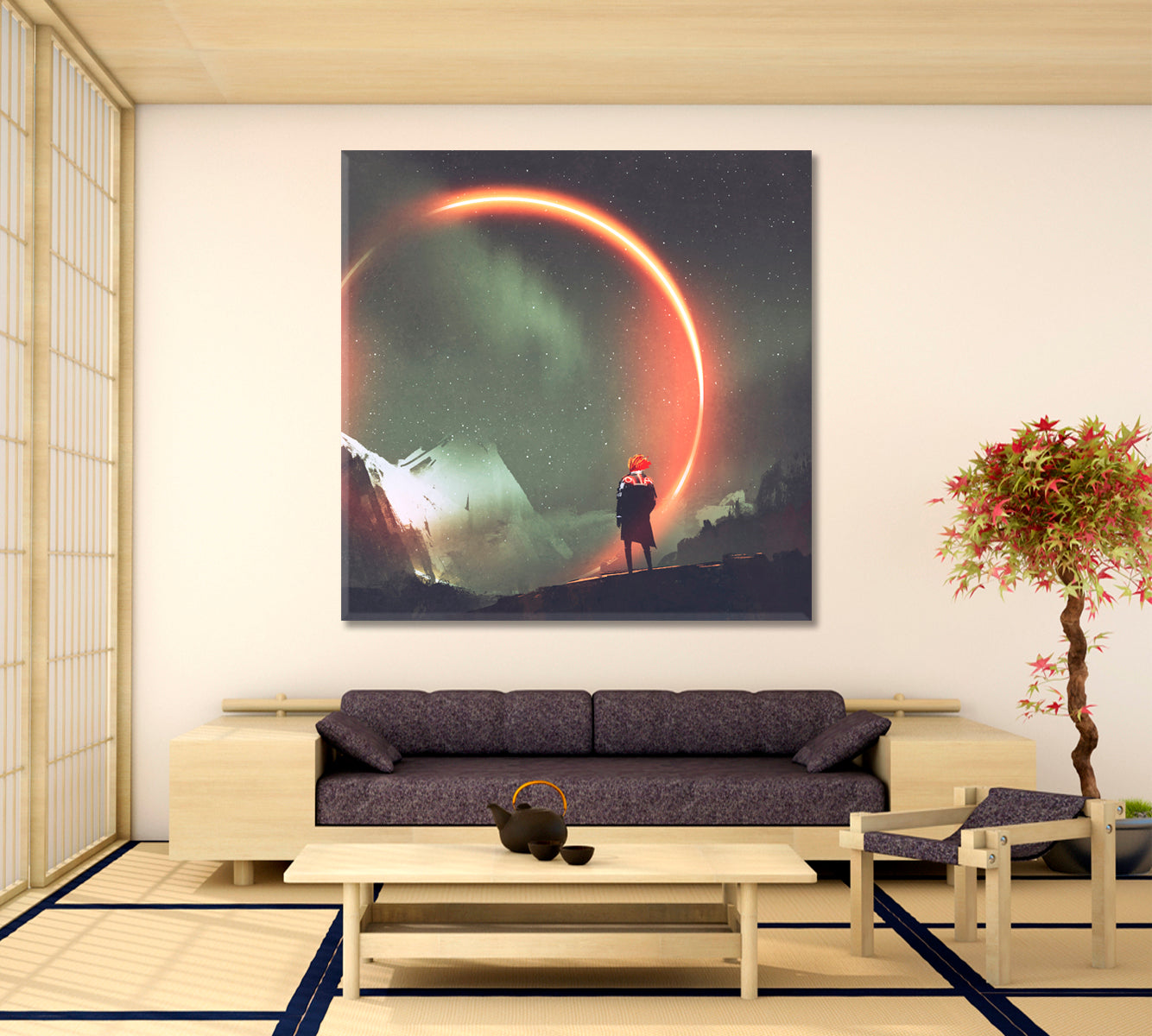 NIGHT SCENERY Man and Mystic Light Circle Landscape - Square Panel Surreal Fantasy Large Art Print Décor Artesty   