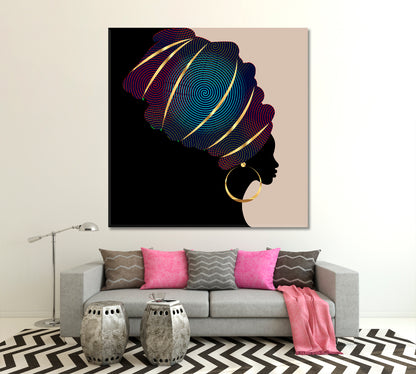 Portrait Beautiful African WomanTraditional Turban Kente Head Wrap | Square African Style Canvas Print Artesty   