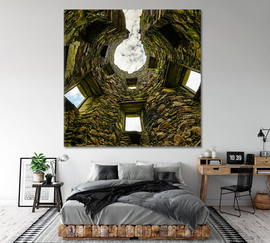 Traditional Ancient Scottish Medieval Buildings Beautiful Sky Views from Below- Square Panel Photo Art Artesty   