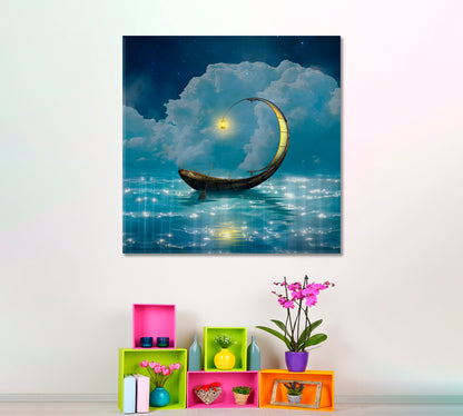 STARRY NIGHT Fantasy Boat Scenery Landscape - Square Panel Fine Art Artesty   