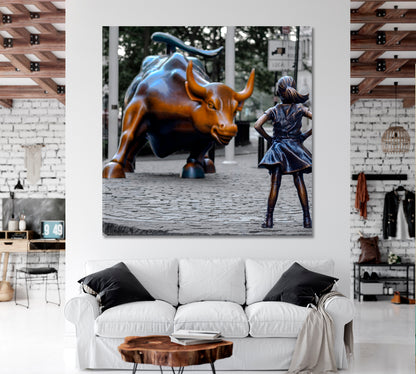 The Fearless Girl and Charging Bull New York City Manhattan NY USA - Square Panel Famous Landmarks Artwork Print Artesty 1 Panel 12"x12" 