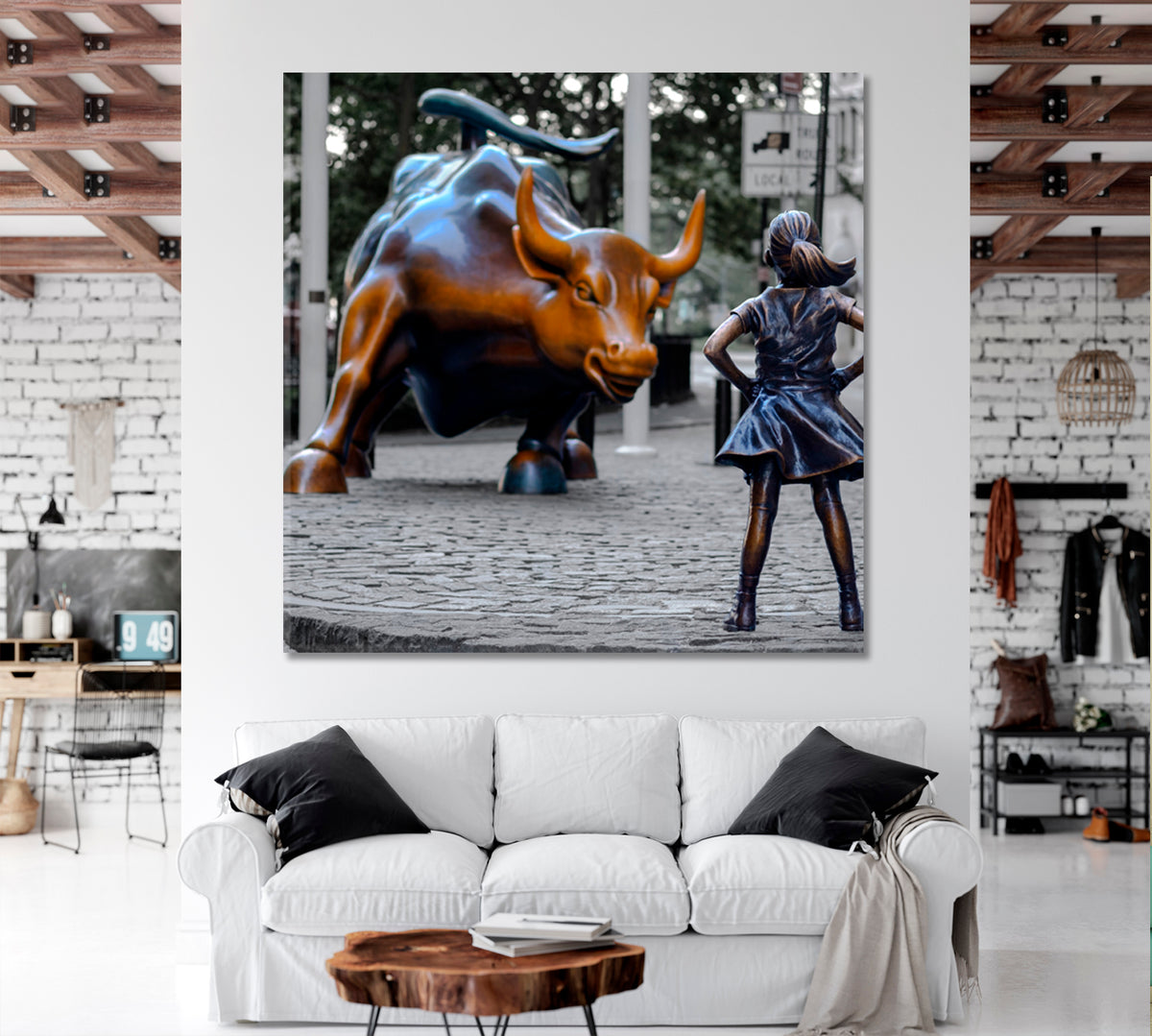 The Fearless Girl and Charging Bull New York City Manhattan NY USA - Square Panel Famous Landmarks Artwork Print Artesty 1 Panel 12"x12" 
