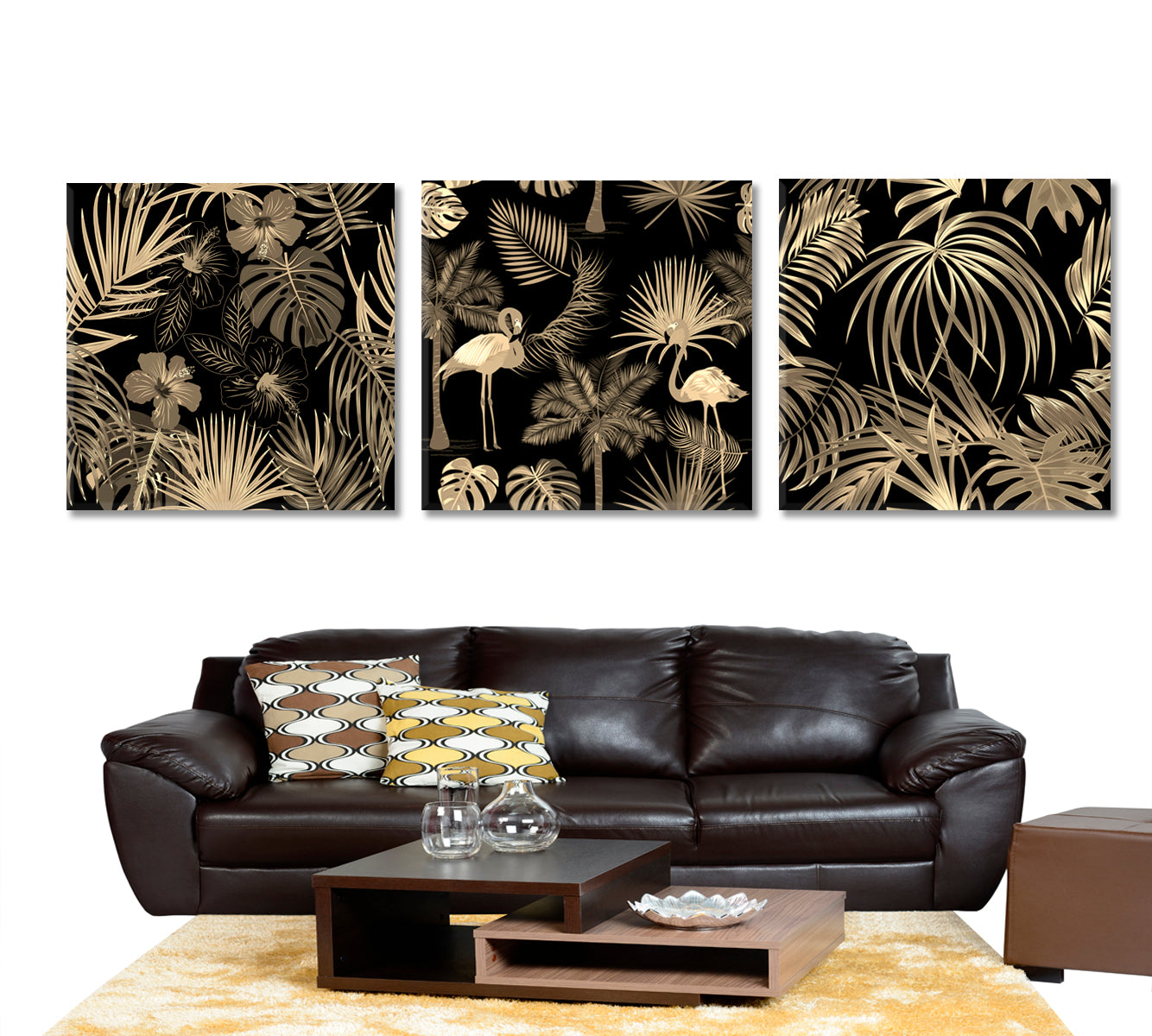 Tropical Jungle Palm Leaves Floral Abstract Posters Set Tropical, Exotic Art Print Artesty Set of 3 Panels 36"x12" 