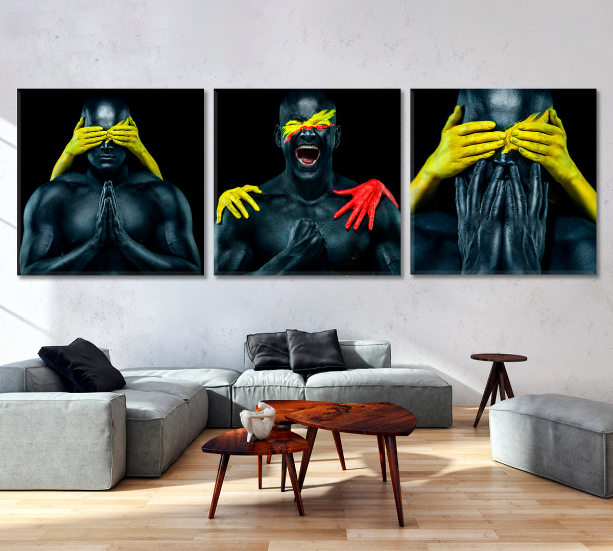 Colorful Portrait Bodybuilder Athlete Body Art Female Hands Set of 3 Photo Art Artesty Set of 3 Panels 36"x12" 