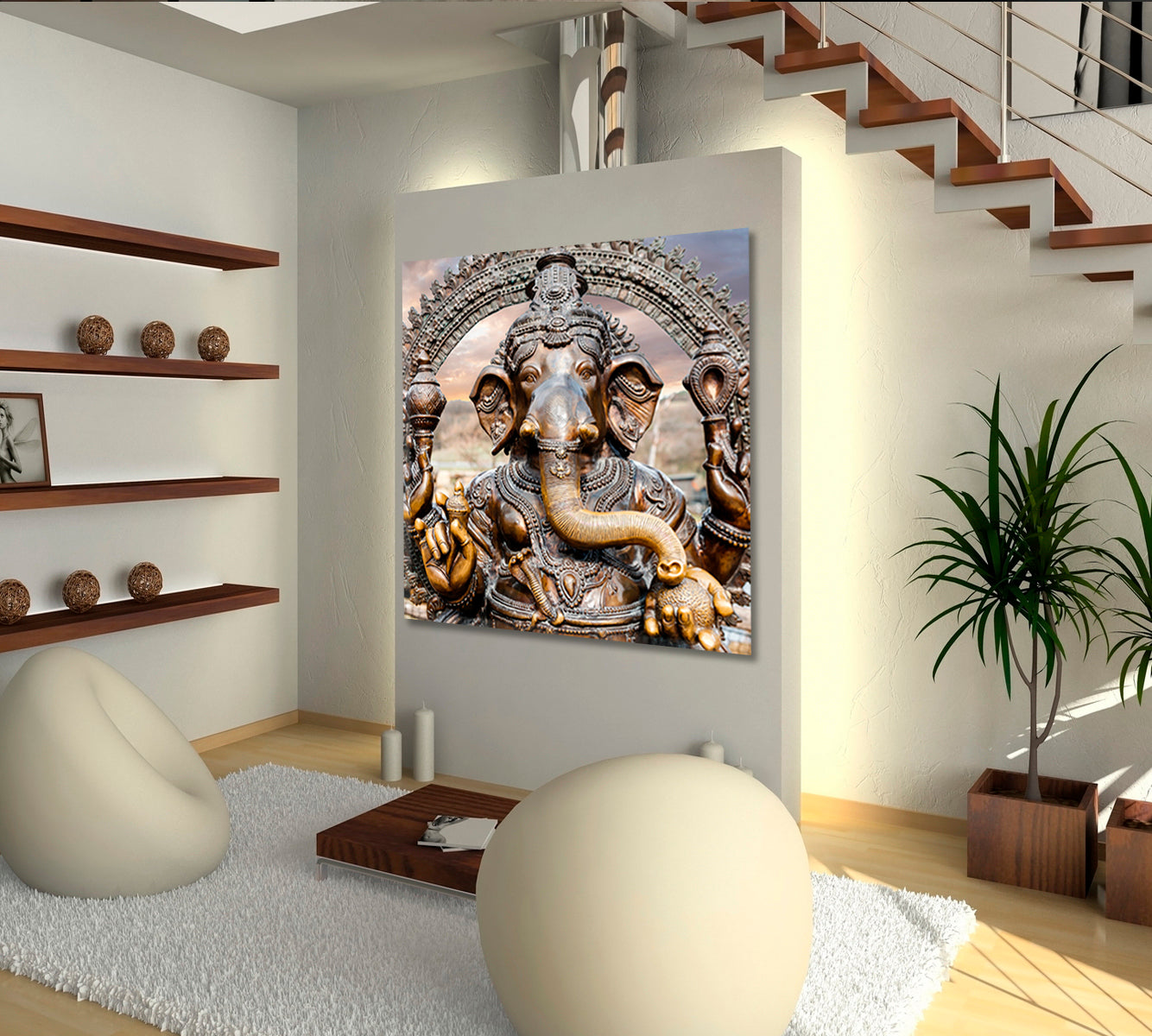 Statue of Hindu Elephant God Ganesha Dramatic Sky - Square Panel Religious Modern Art Artesty   