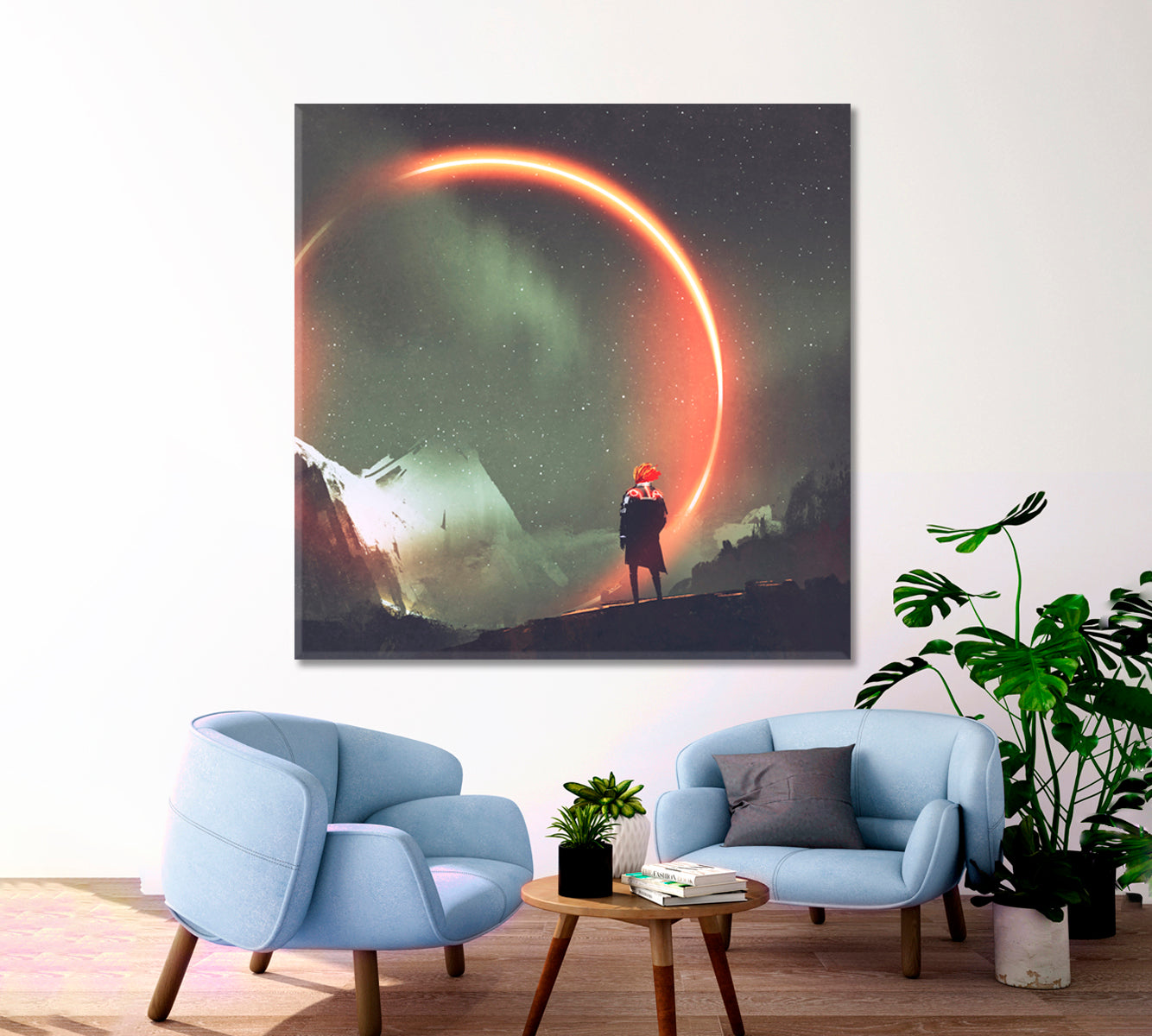 NIGHT SCENERY Man and Mystic Light Circle Landscape - Square Panel Surreal Fantasy Large Art Print Décor Artesty 1 Panel 12"x12" 