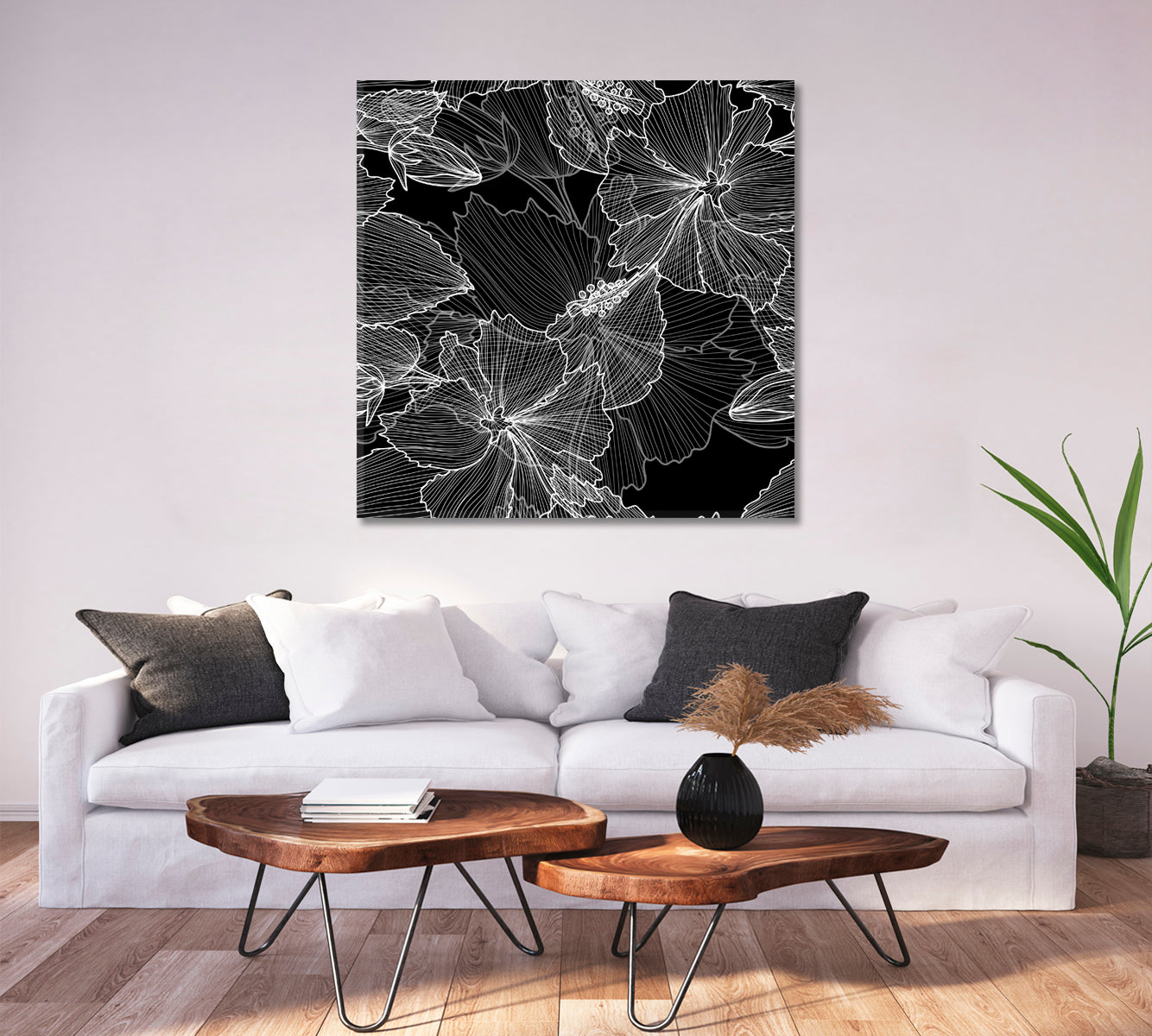 Elegant Black And White Pattern Hibiscus Flowers Square Panel Black and White Wall Art Print Artesty   