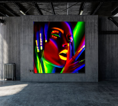 Fashion Beautiful Model Woman Neon Light Body Art Design,  Square Panel Photo Art Artesty 1 Panel 12"x12" 