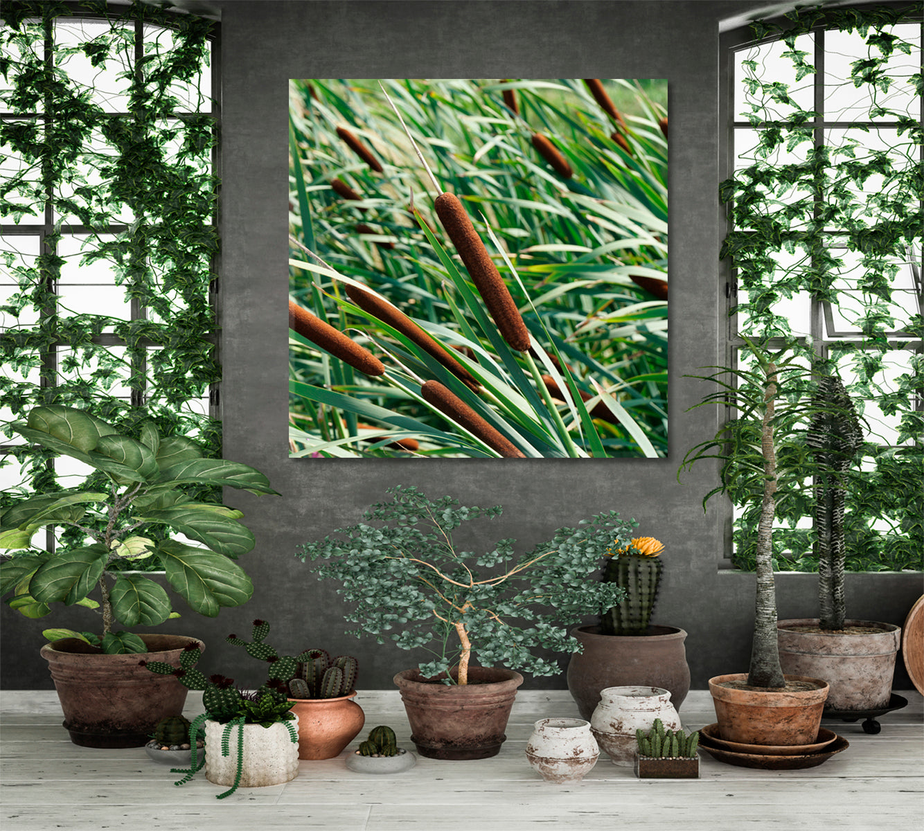 Colorful Green Reeds with Cattail - Square Panel Floral & Botanical Split Art Artesty   