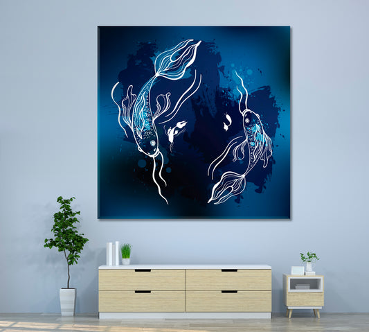 NISHIKIGOI Symbol of Good Fortune and Luck Living Jewel Koi Fishes Japanese Style - Square Panel Asian Style Canvas Print Wall Art Artesty 1 Panel 12"x12"