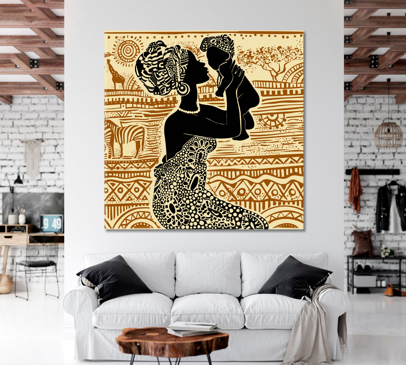 African Ethnic Retro Style, Beautiful African Black Woman With a Baby Square Panel People Portrait Wall Hangings Artesty   