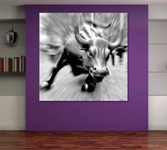 Charging Bull Black And White - Square Panel Black and White Wall Art Print Artesty 1 Panel 12"x12" 