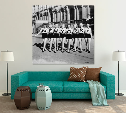 NEW YORK CITY Vintage Black and White Photo CHORUS LINE of Beautiful Women- Square Panel Vintage Affordable Canvas Print Artesty   