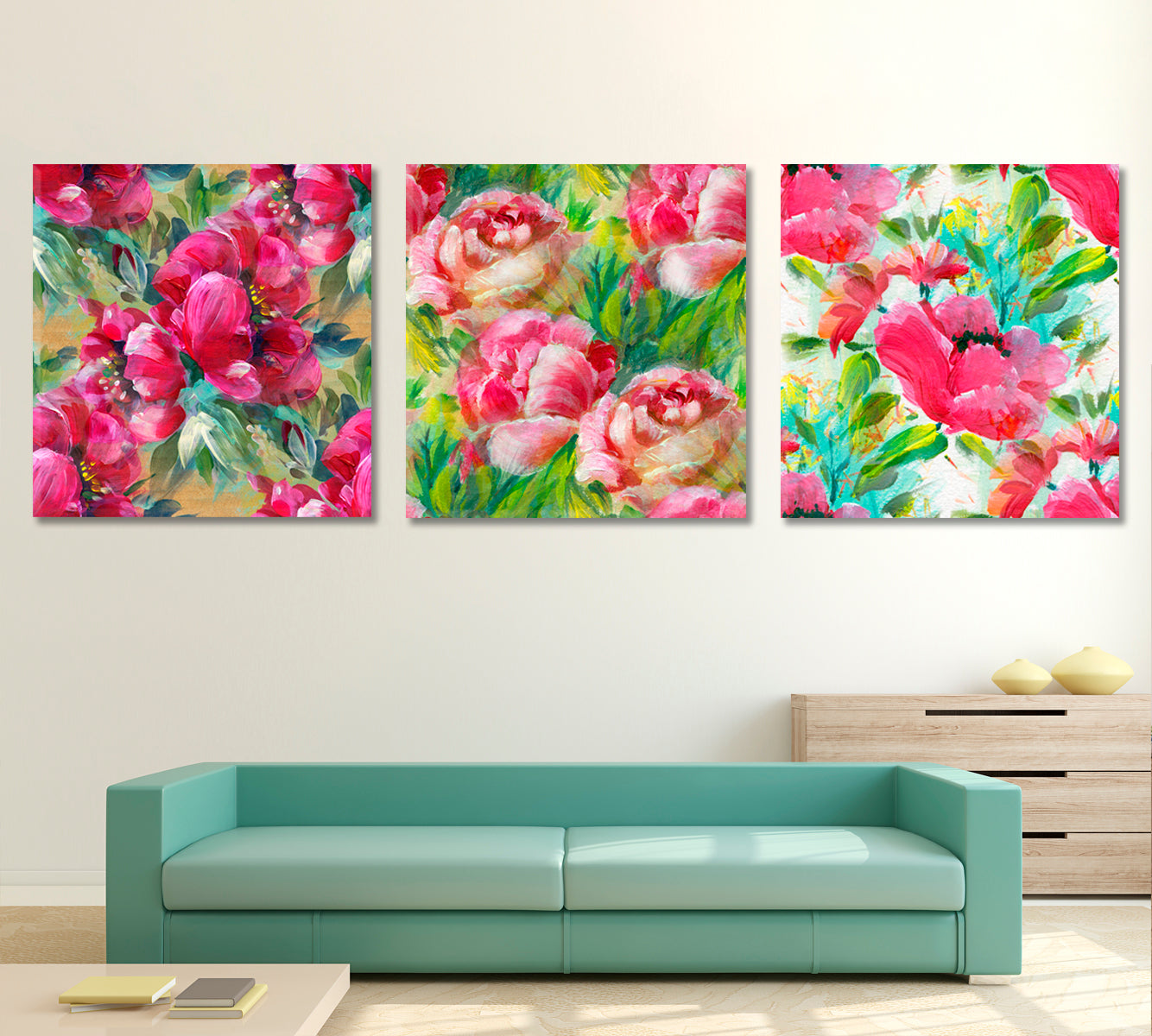 Floral Abstract Posters Set Floral & Botanical Split Art Artesty Set of 3 Panels 36"x12" 