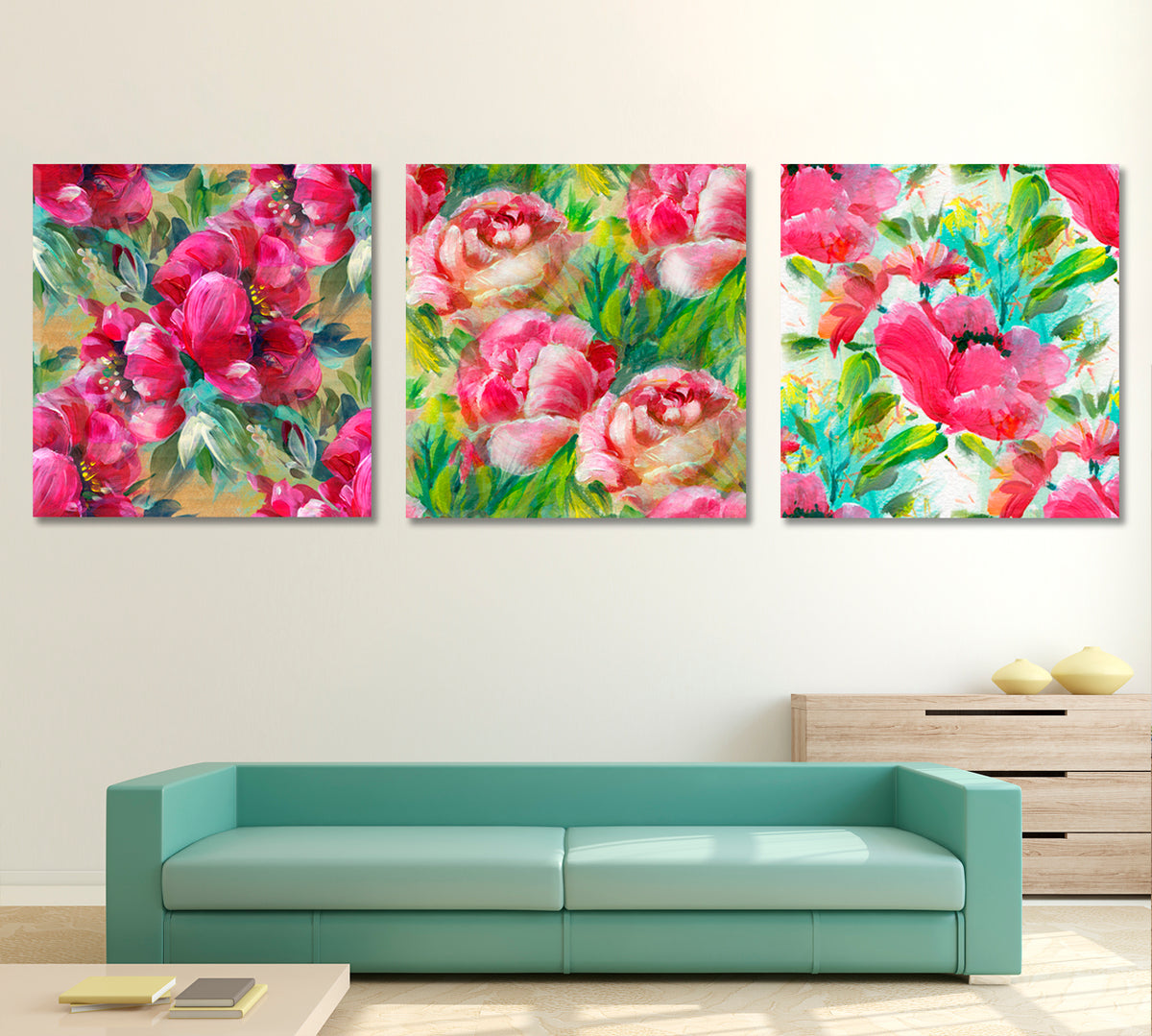 Floral Abstract Posters Set Floral & Botanical Split Art Artesty Set of 3 Panels 36"x12" 
