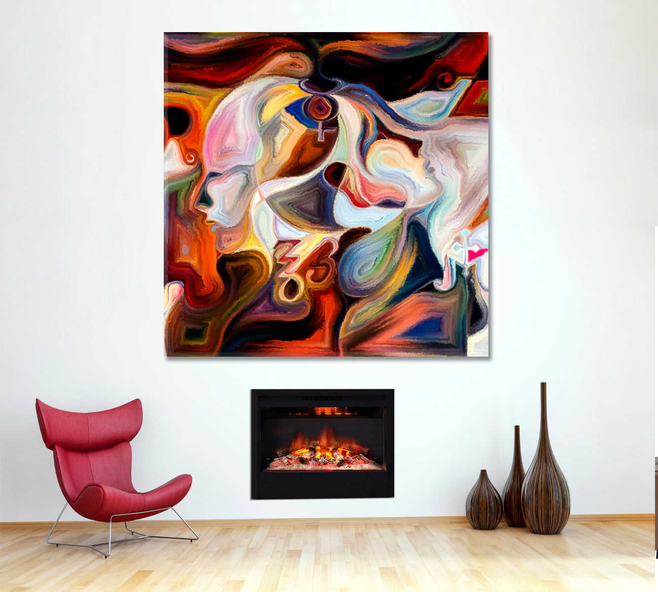 Inner Colors. Human Profile And Colorful Vivid Paint Shapes Abstract Design - Square Panel Abstract Art Print Artesty   