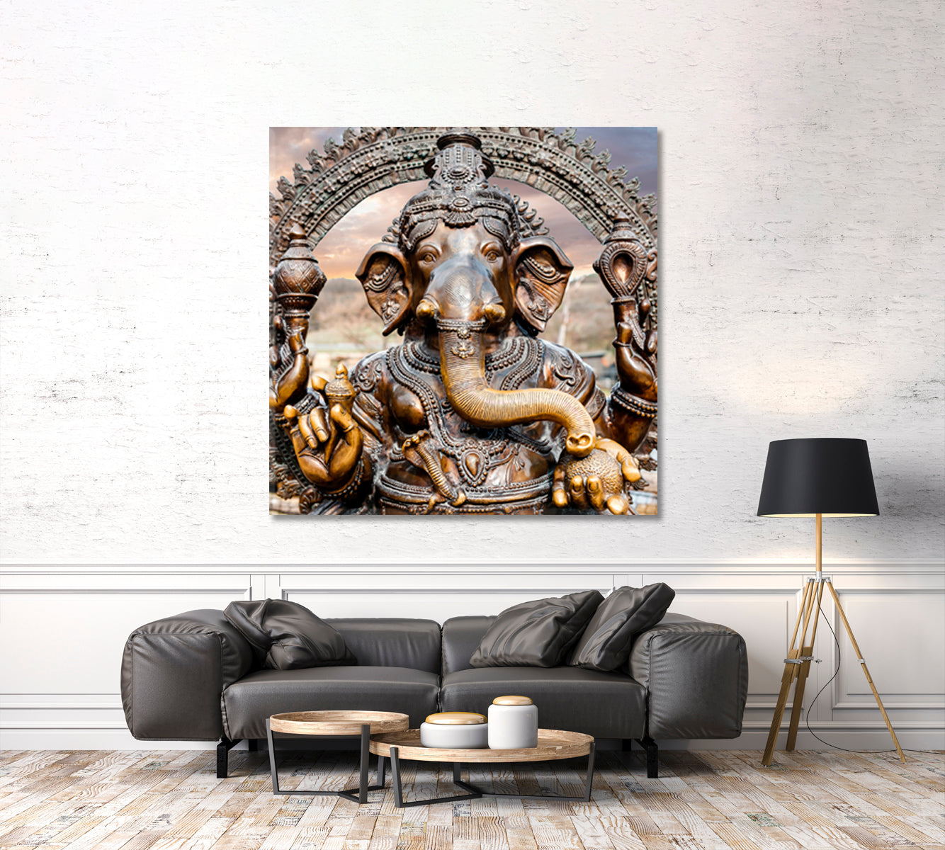 Statue of Hindu Elephant God Ganesha Dramatic Sky - Square Panel Religious Modern Art Artesty   