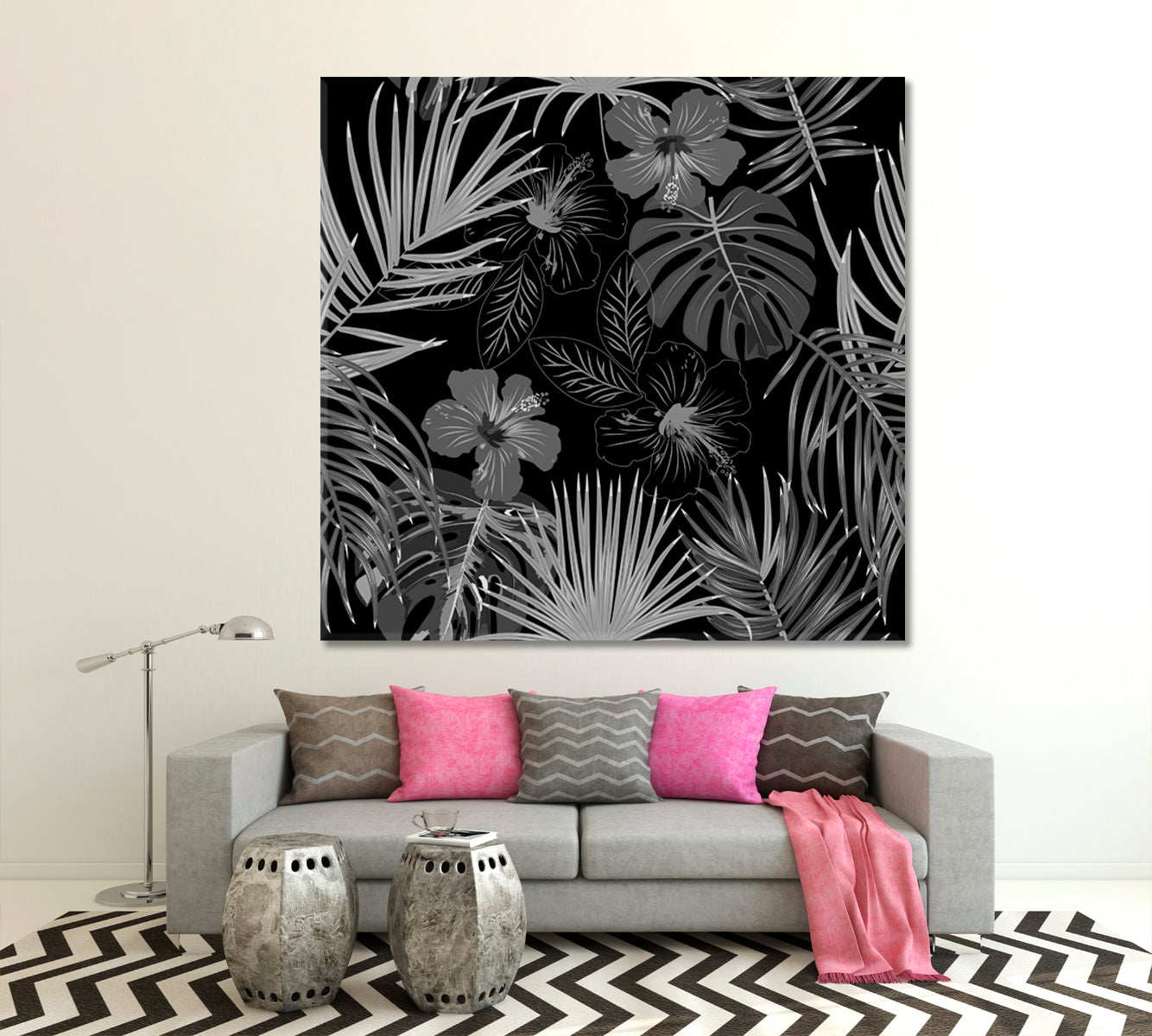 Abstract Monstera Flowers Tropical Jungle Leaves Palm Tree B & W Tropical, Exotic Art Print Artesty   