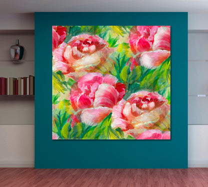 SPRING SOUL Vivid Floral Pattern Pink Peony - Square Panel Floral & Botanical Split Art Artesty   