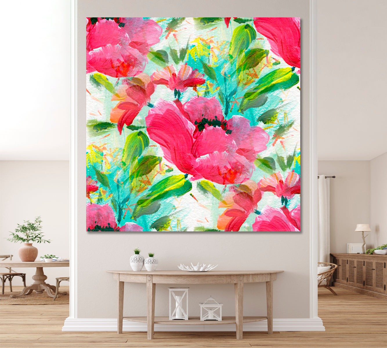 SPRING SOUL Vivid Floral Pattern Red Flowers - Square Panel Floral & Botanical Split Art Artesty 1 Panel 12"x12" 