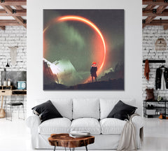NIGHT SCENERY Man and Mystic Light Circle Landscape - Square Panel Surreal Fantasy Large Art Print Décor Artesty   
