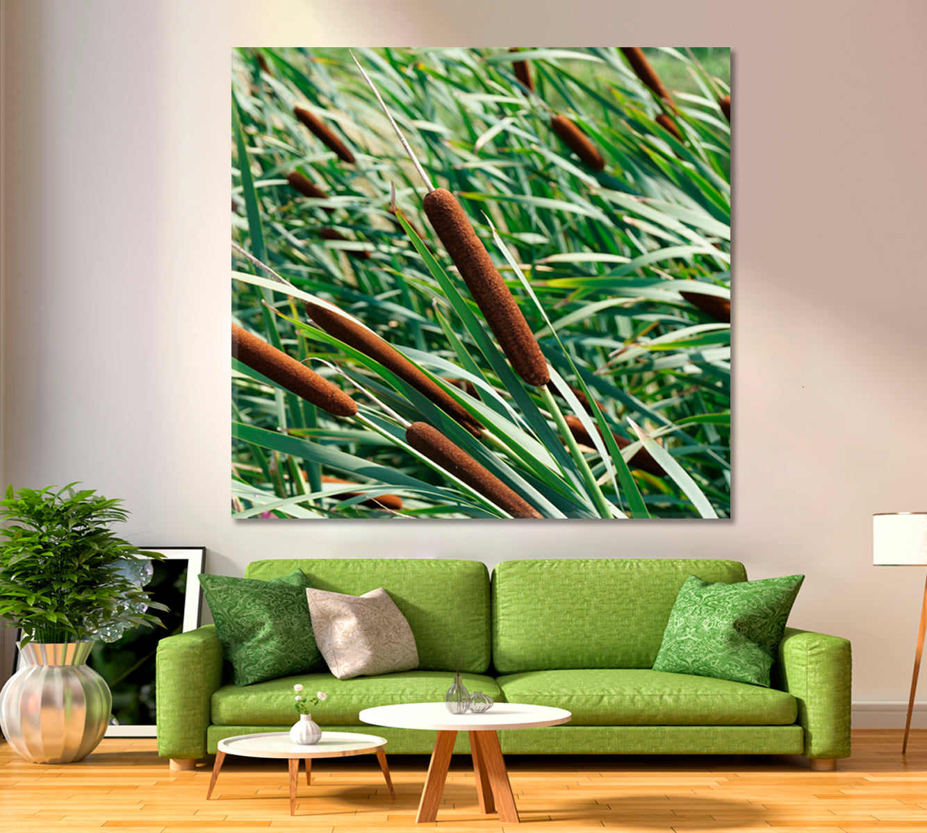 Colorful Green Reeds with Cattail - Square Panel Floral & Botanical Split Art Artesty   