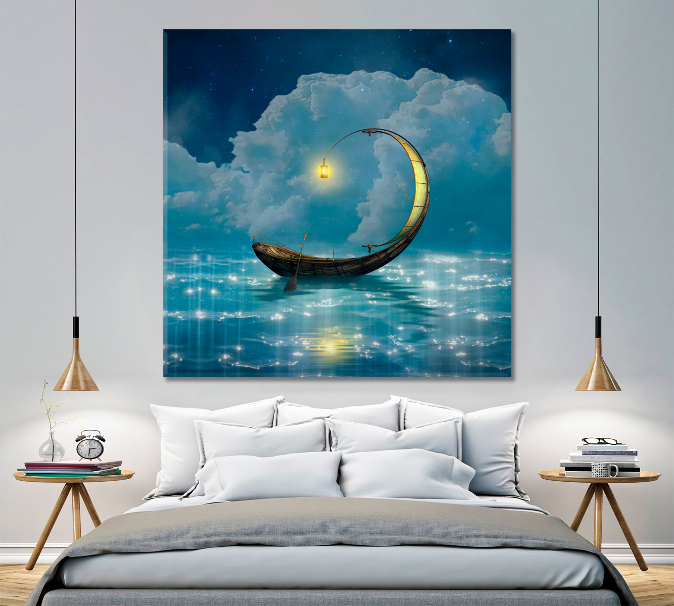 STARRY NIGHT Fantasy Boat Scenery Landscape - Square Panel Fine Art Artesty   