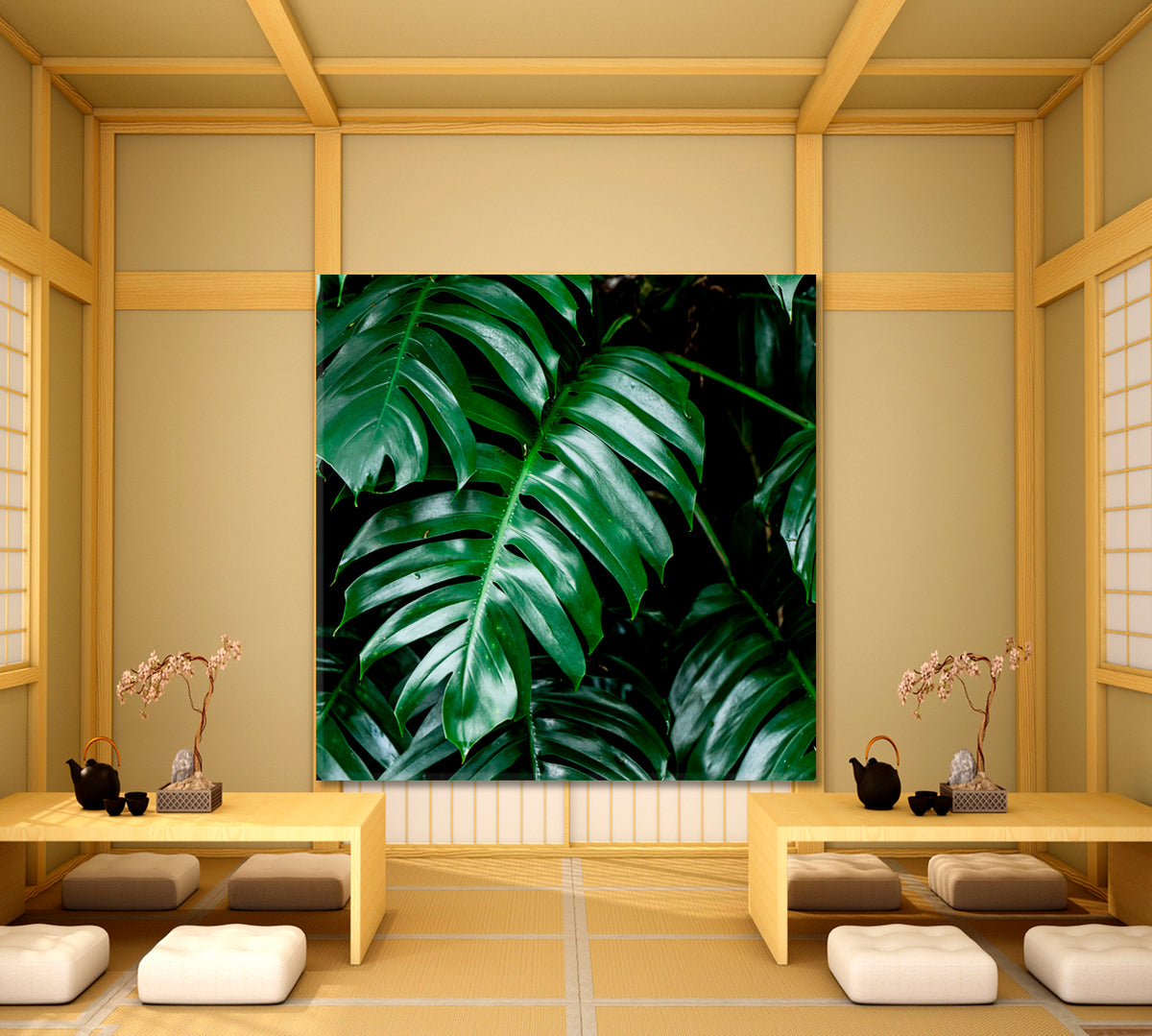 TROPICAL GREEN HOME Tropical Deep Forest Leaves Jungle Green Plant Wet in Rainforest - Square Panel Floral & Botanical Split Art Artesty 1 Panel 12"x12" 