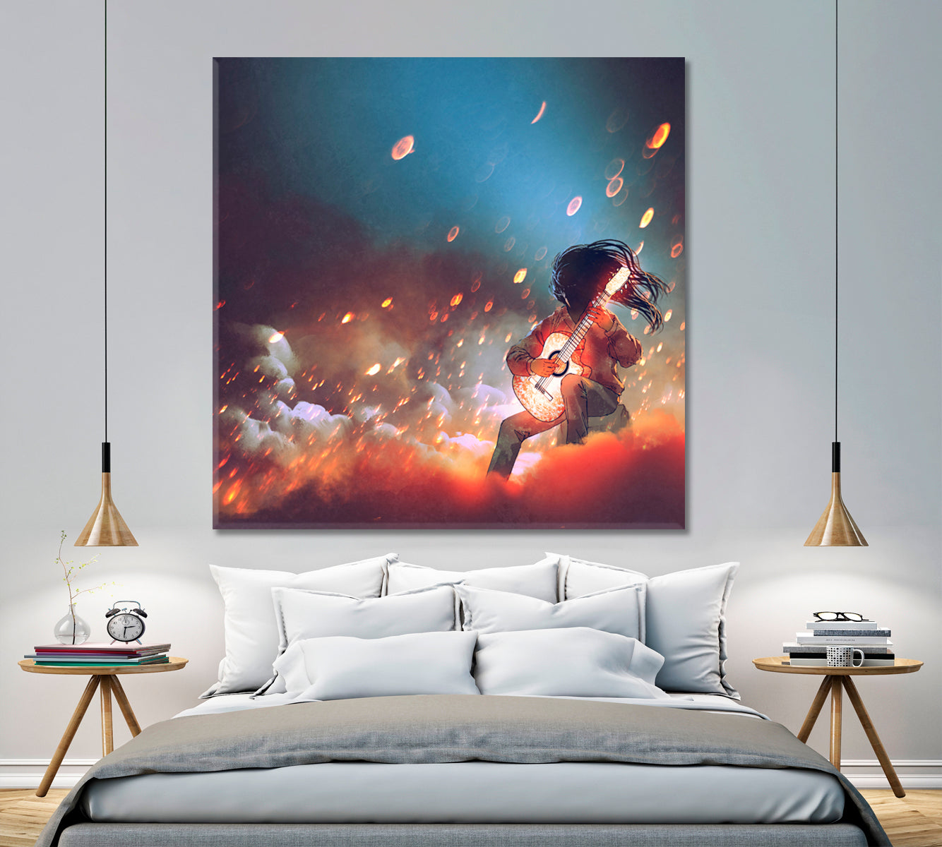 SURREAL Mysterious Man Playing the Glowing Guitar in the Smoke - Square Panel Surreal Fantasy Large Art Print Décor Artesty 1 Panel 12"x12" 