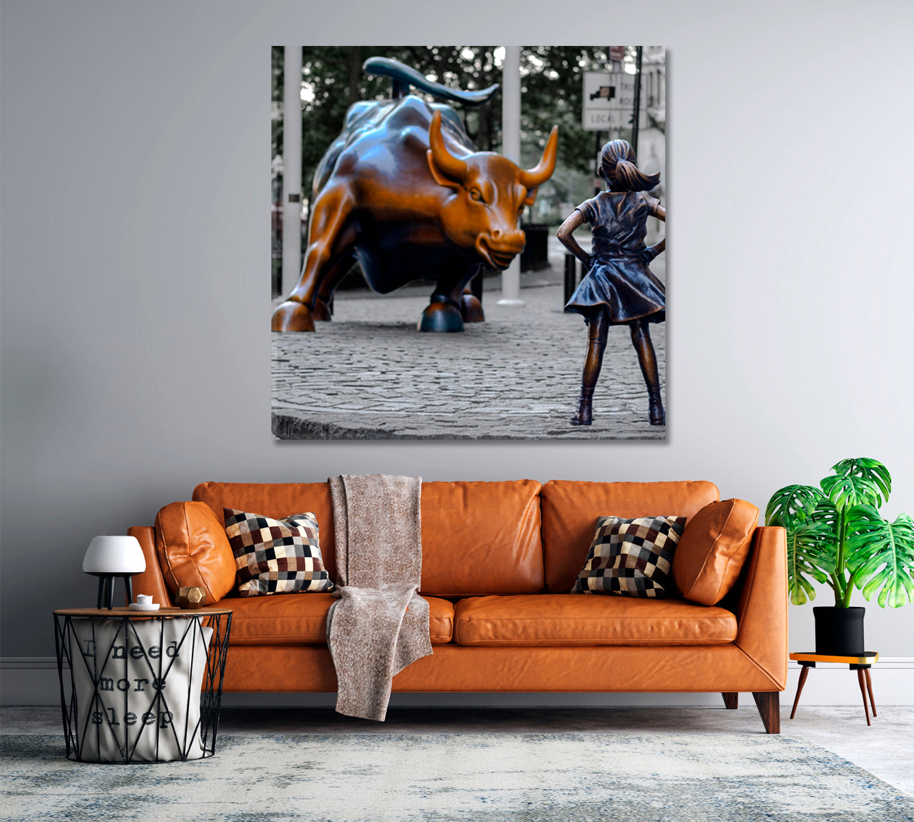 The Fearless Girl and Charging Bull New York City Manhattan NY USA - Square Panel Famous Landmarks Artwork Print Artesty   