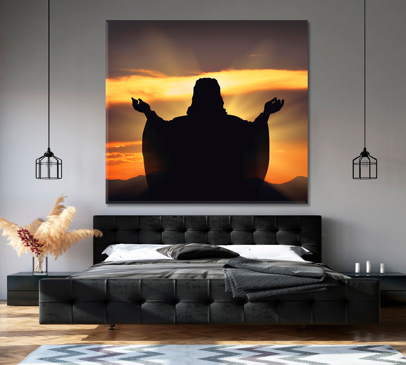 BELIEVE HOPE LOVE Silhouette Jesus Sunset - Square Panel Religious Modern Art Artesty   