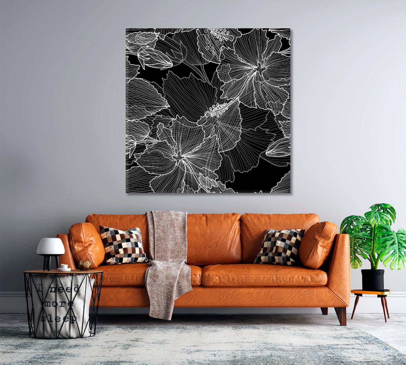 Elegant Black And White Pattern Hibiscus Flowers Square Panel Black and White Wall Art Print Artesty   