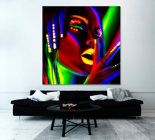 Fashion Beautiful Model Woman Neon Light Body Art Design,  Square Panel Photo Art Artesty   