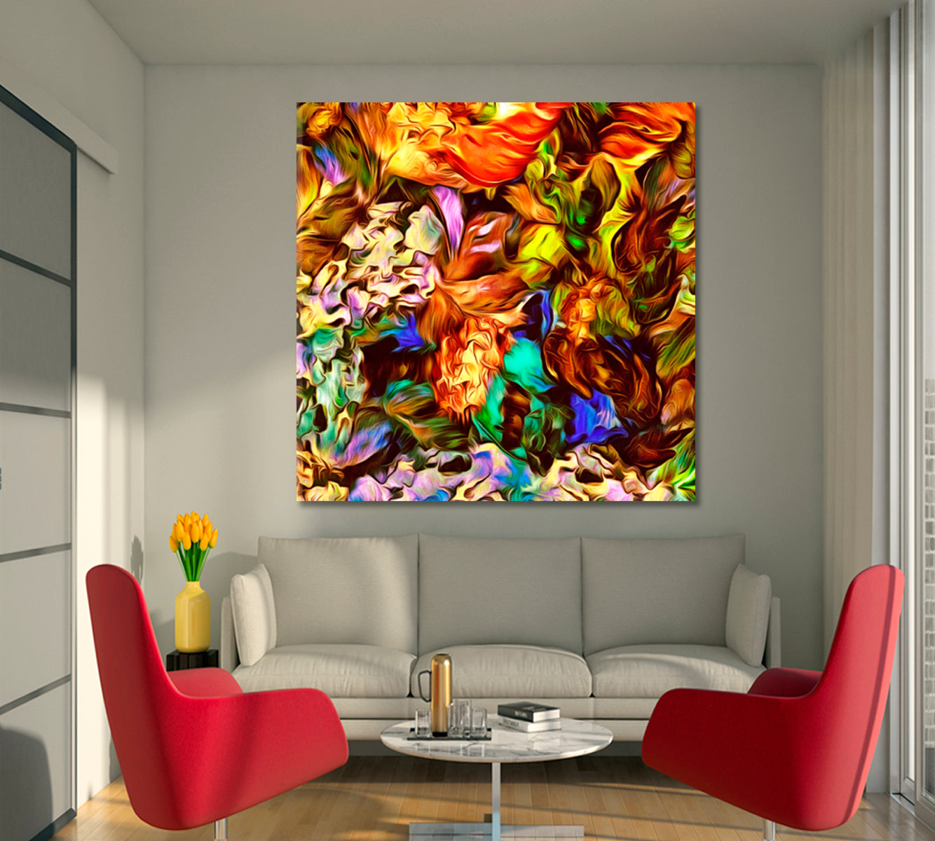 ORANGE FALL Colorful Abstract Floral Pattern - Square Panel Abstract Art Print Artesty   