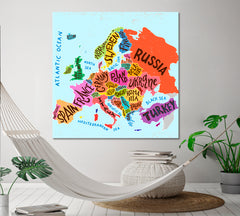 Colorful Europe Map Decorative Poster Education - S Maps Canvas Artwork Artesty 1 Panel 12"x12" 
