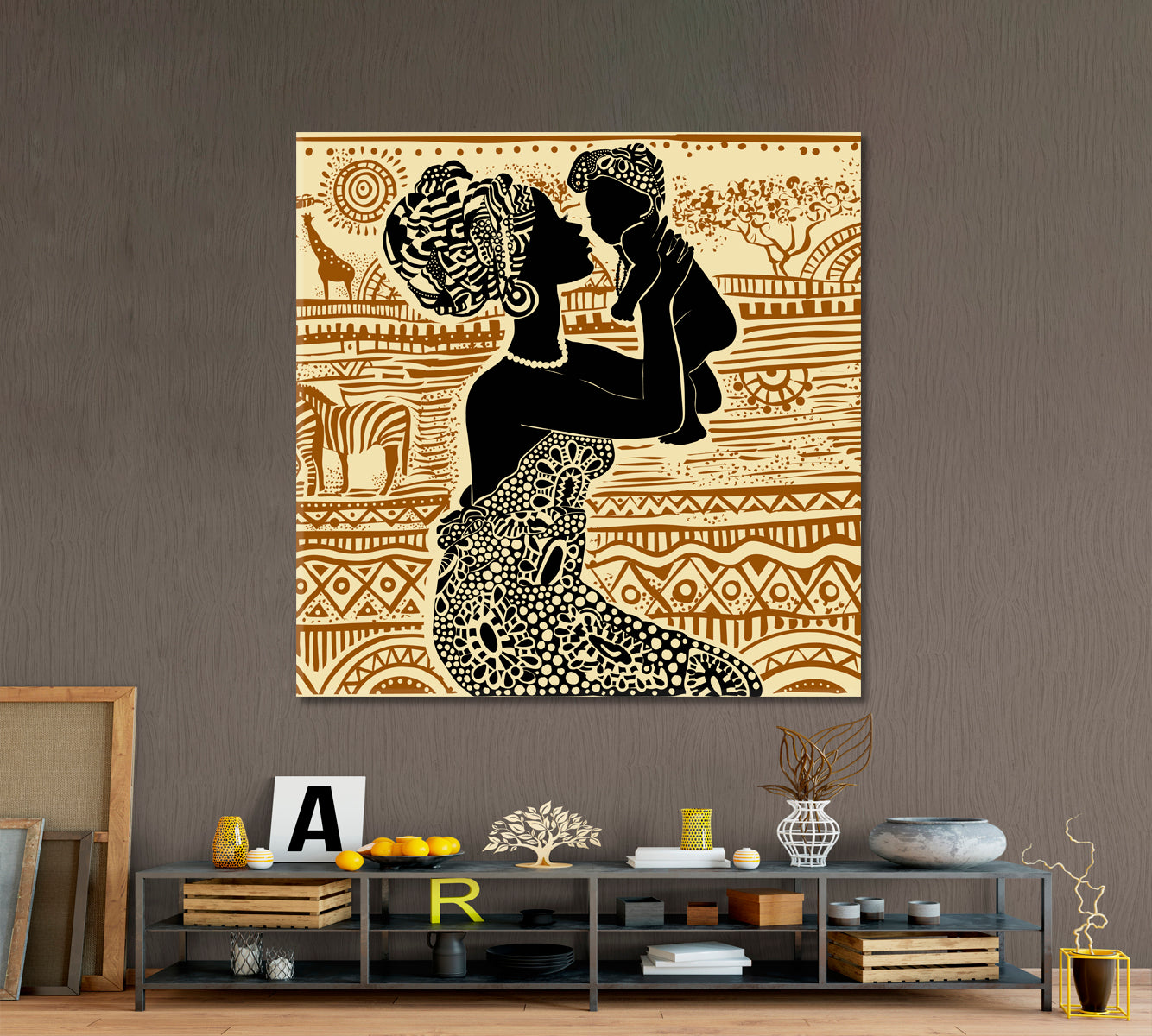 African Ethnic Retro Style, Beautiful African Black Woman With a Baby Square Panel People Portrait Wall Hangings Artesty   
