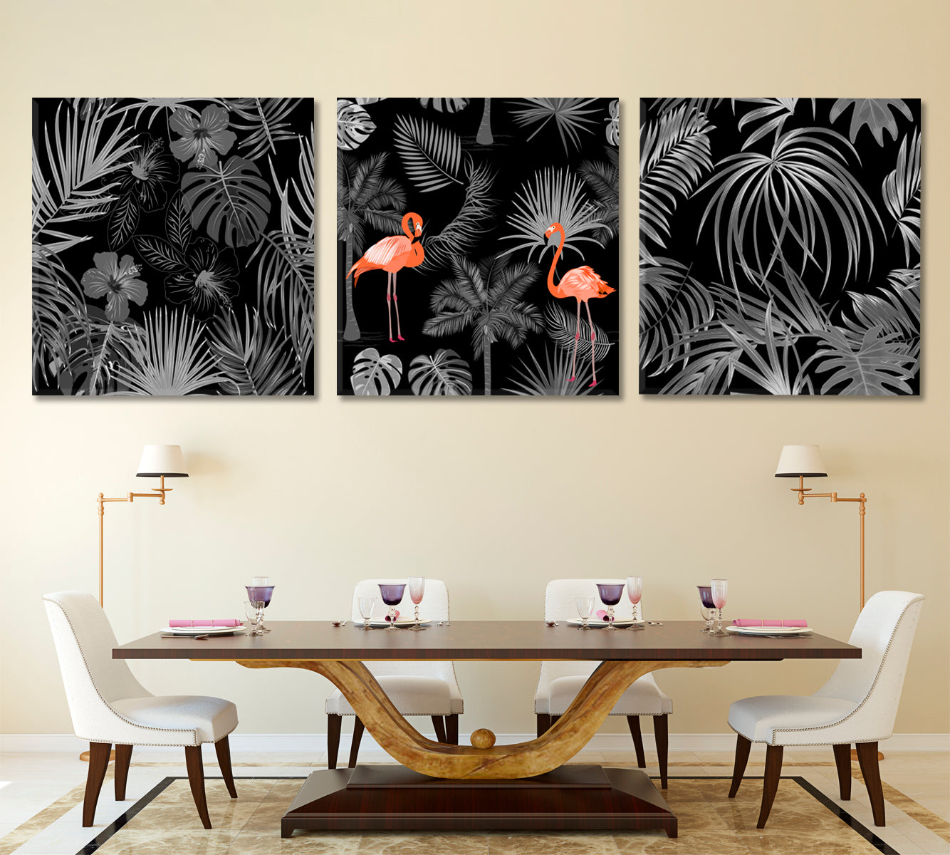 Tropical Jungle Palm Leaves Abstract Black And White Posters Set Tropical, Exotic Art Print Artesty Set of 3 Panels 36"x12" 