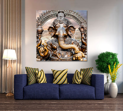 Statue of Hindu Elephant God Ganesha Dramatic Sky - Square Panel Religious Modern Art Artesty   