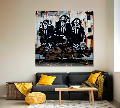 THREE WISE MONKEYS Street Art Banksy Style Life Graffiti Canvas Print - Square Panel Street Art Canvas Print Artesty   