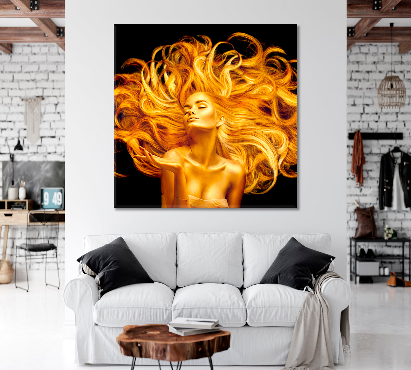 BEAUTIFUL WOMAN Fluttering Hair Fashion Art Portrait Hairstyle - Square Panel Beauty Salon Artwork Prints Artesty   