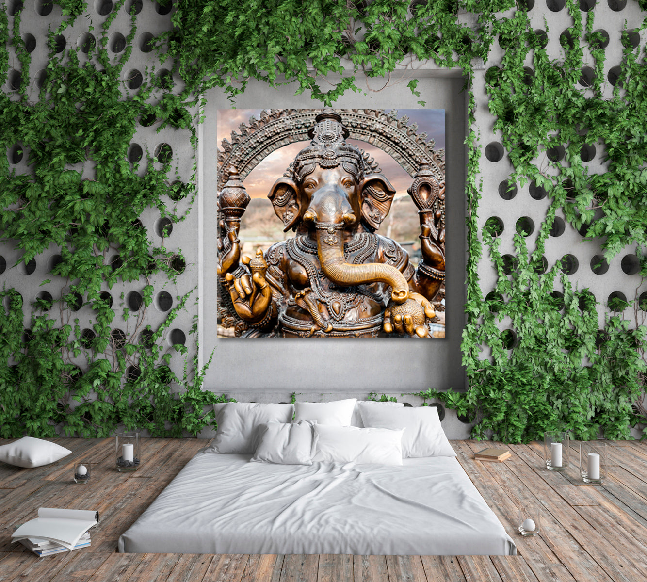 Statue of Hindu Elephant God Ganesha Dramatic Sky - Square Panel Religious Modern Art Artesty   